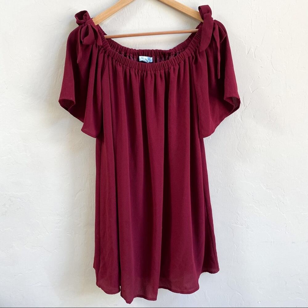 She + Sky Silk Maroon Off The Shoulder Tie Dress